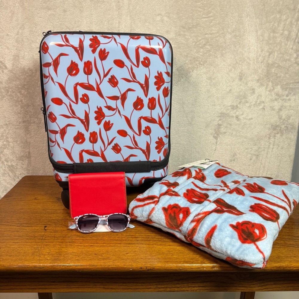 NWT Vera‎ Bradley Mini Hardside Spinner Luggage Set Blanket Sunglasses Wallet